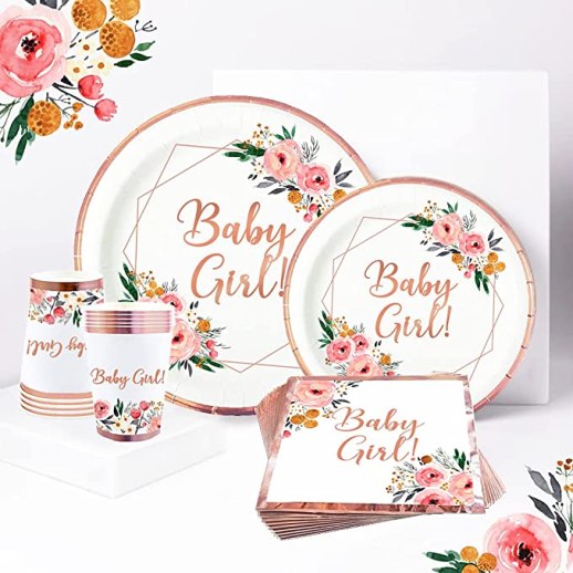 boho floral baby girl baby shower rose gold plates napkins set
